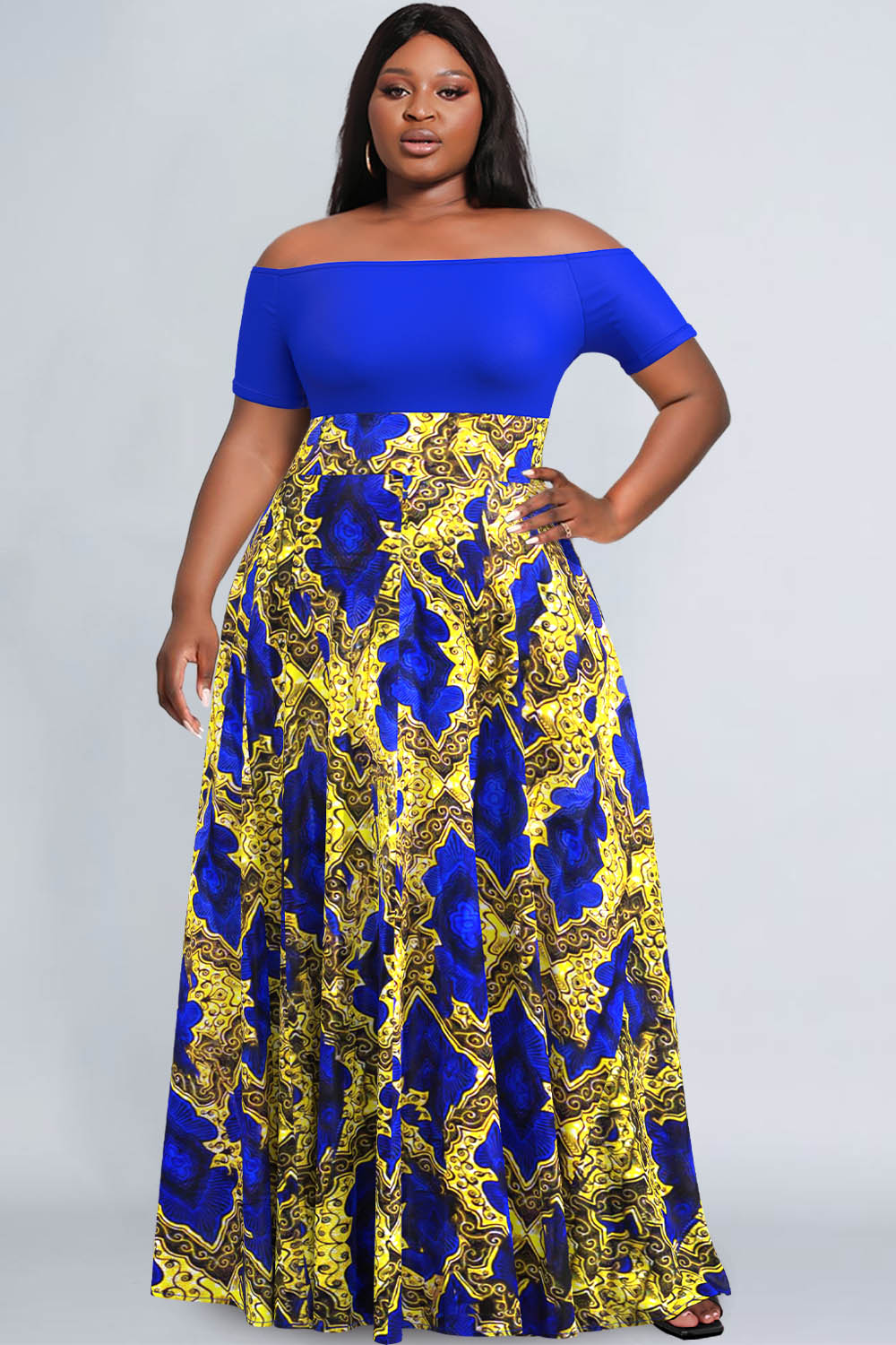 Design Plus Size Royal Blue Ankara Off Shoulder Maxi Dresses [Pre-Order]