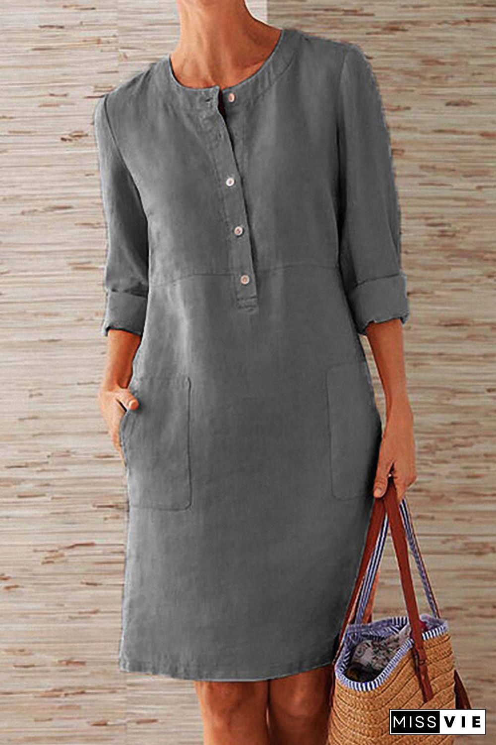 Casual Solid Pocket Buckle O Neck Long Sleeve Dresses(6 Colors)