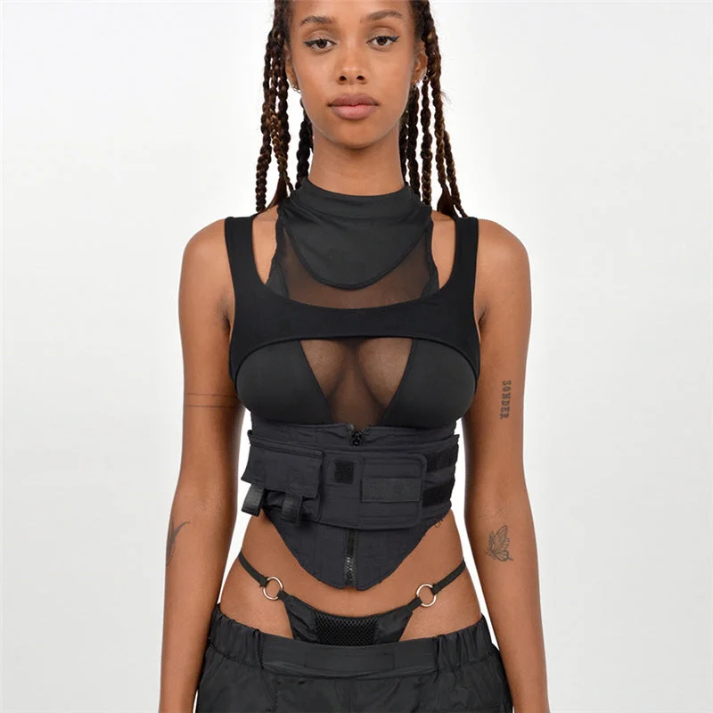 Billlnai 2023  Graduation Party  Spring Summer New Sexy Cool Moto Tank Top Women Y2K Streetwear Wild Solid Black Patchwork Crop Top Female Vest