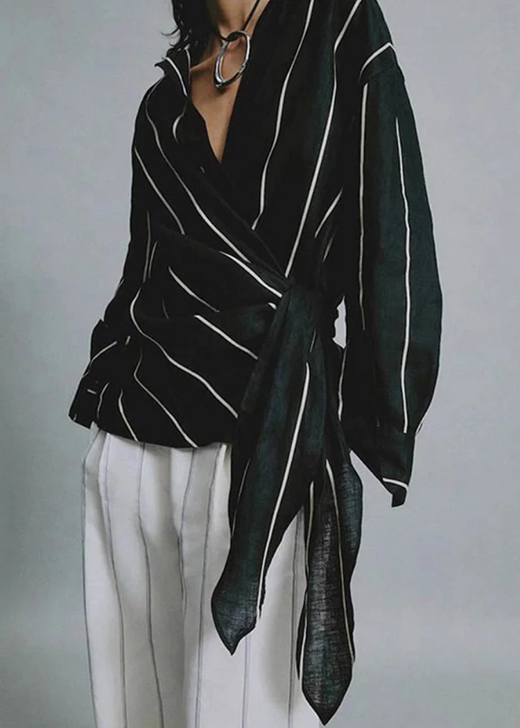 Chic Black Peter Pan Collar Striped Lace Up Linen Tops Fall
