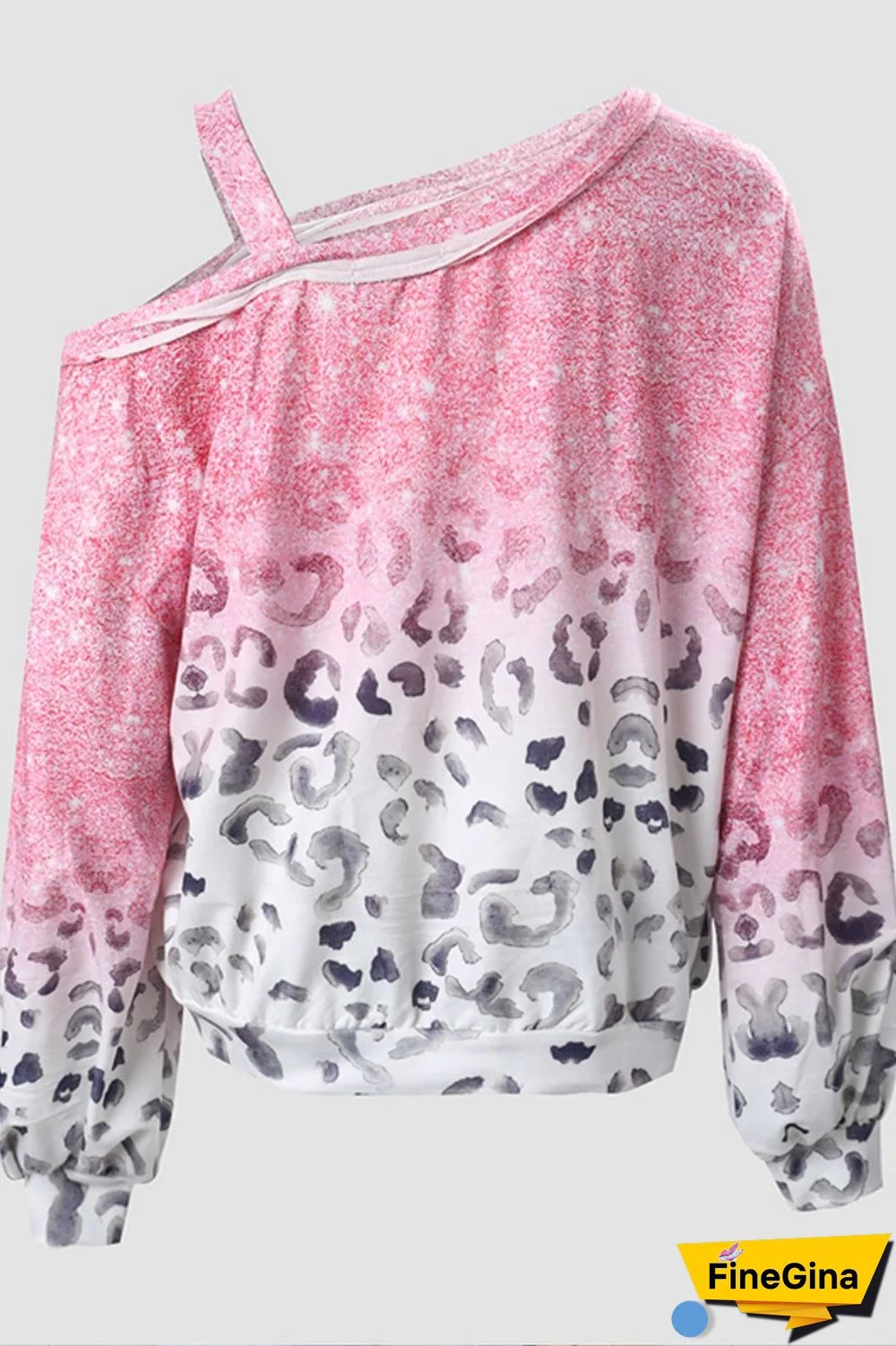 Pink Casual Gradual Change Print Basic Oblique Collar Tops