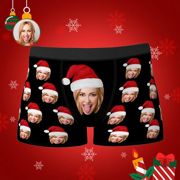 Custom Face Boxers Shorts with Christmas hat Personalised Photo Underwear Christmas Gift for Men