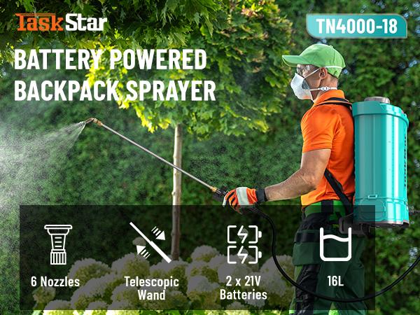 Product Introduction of 【TaskStar】 Electric 4 Gallon Backpack Sprayer, 100PSI Lawn Sprayer w/ Total 4000mAh Battery, Adjustable Pressure with 2 Wands, 6 Nozzles, Sprayer for Garden, Lawn, Yard, Green House, FathersDayGift 1