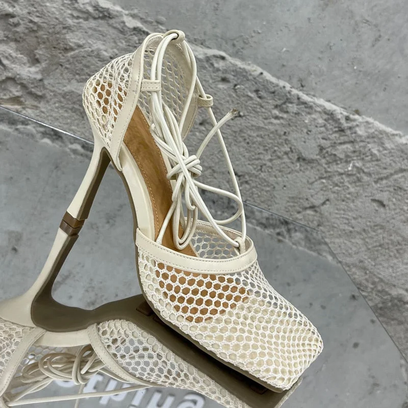 2021 Women Pumps Thin High Heels Sexy Sandals Shoes For Woman Fashion Square Toe Mesh Ankle Strap Pumps Sandals Ladies Shoes