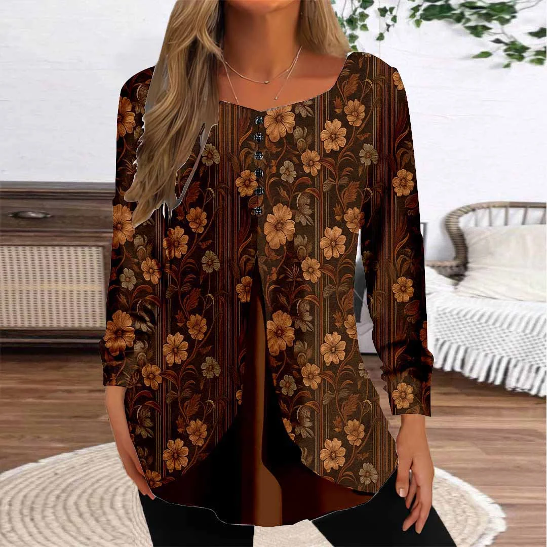 Women Floral,Brown DZGG8265 Long Sleeve Scoop Neck Printed Graphic Button Fake 2in1 Tops