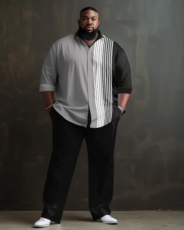 Men's Plus Size Vertical Stripe Gradient Long Sleeve Lapel 2 Shirt Set