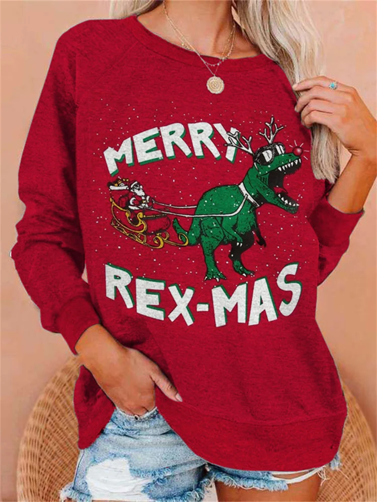 Wearshes Christmas Merry Rex Mas Print Crewneck Sweatshirt