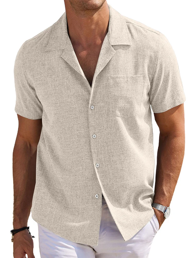Men's Cuban Collar Cotton And Linen Pocket Basic Casual Shirt