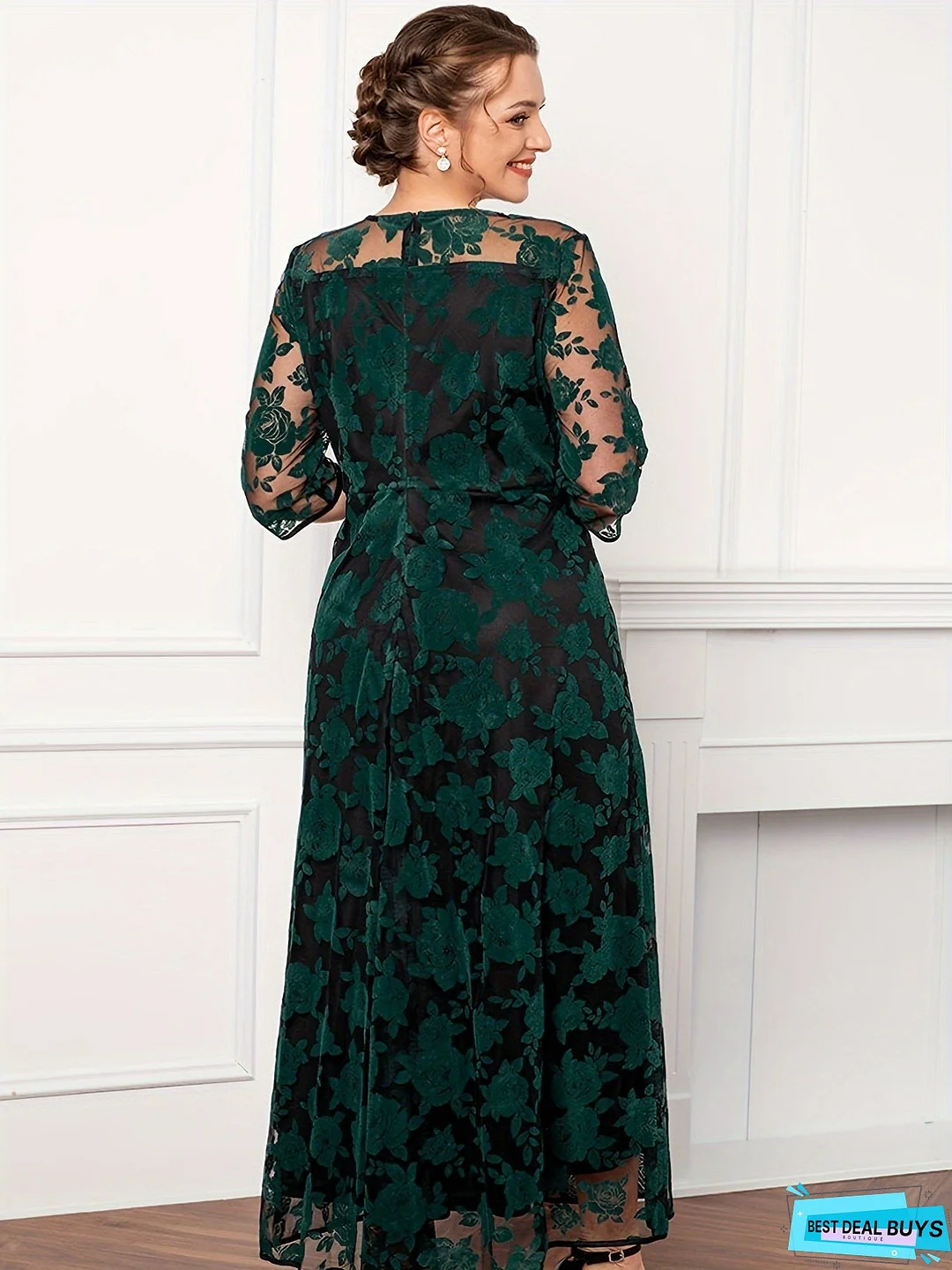 Plus Size Elegant Dress, Women's Plus Floral Print Contrast Mesh Three Quarter Sleeve Round Neck Maxi Dress