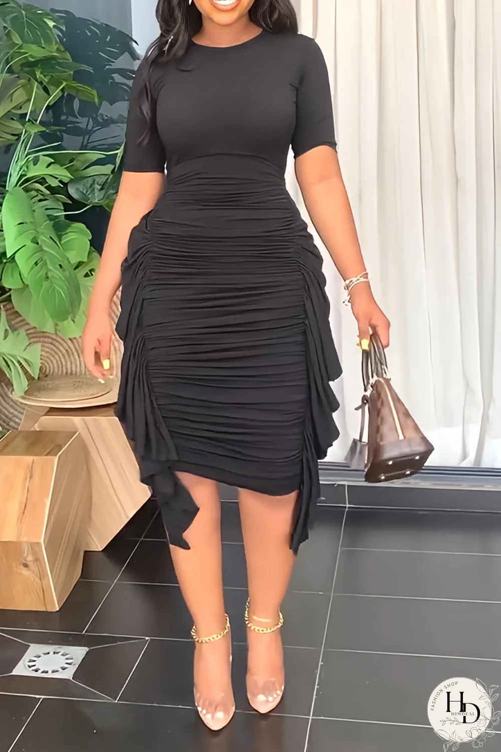 Sky Blue Fashion Solid Flounce Fold O Neck Pencil Skirt Dresses