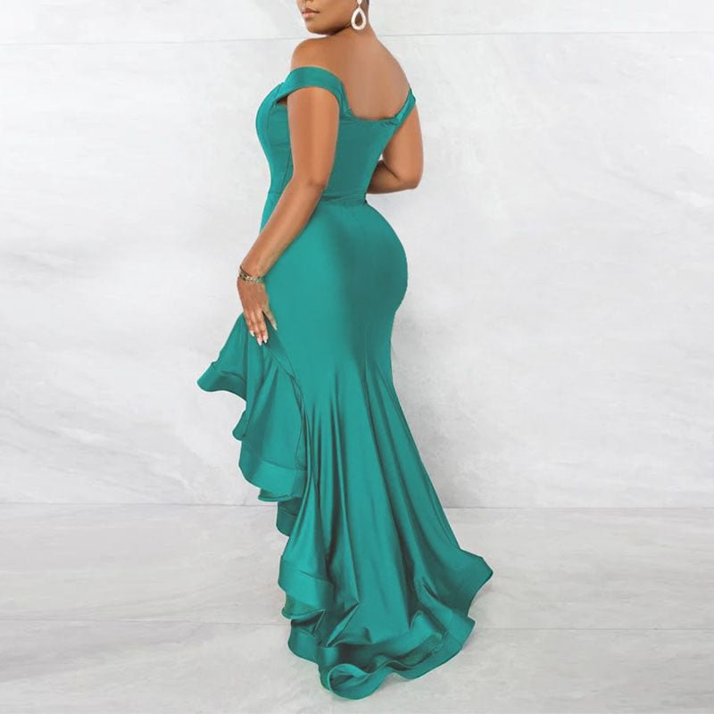 Solid Off Shoulder Ruffle Design Mermaid Maxi Dress 1450