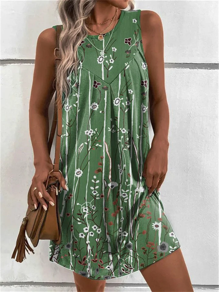 Large Size Women's Summer New Round Neck Undershirt Floral Print Pleated Loose Sleeveless Sheath Head Commuter Style Dress | 168DEAL