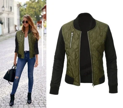 Autumn Winter Leisure Fashion Solid Women Jacket O-neck Zipper Stitching Quilted Bomber jacket 2019 New Women Coats
