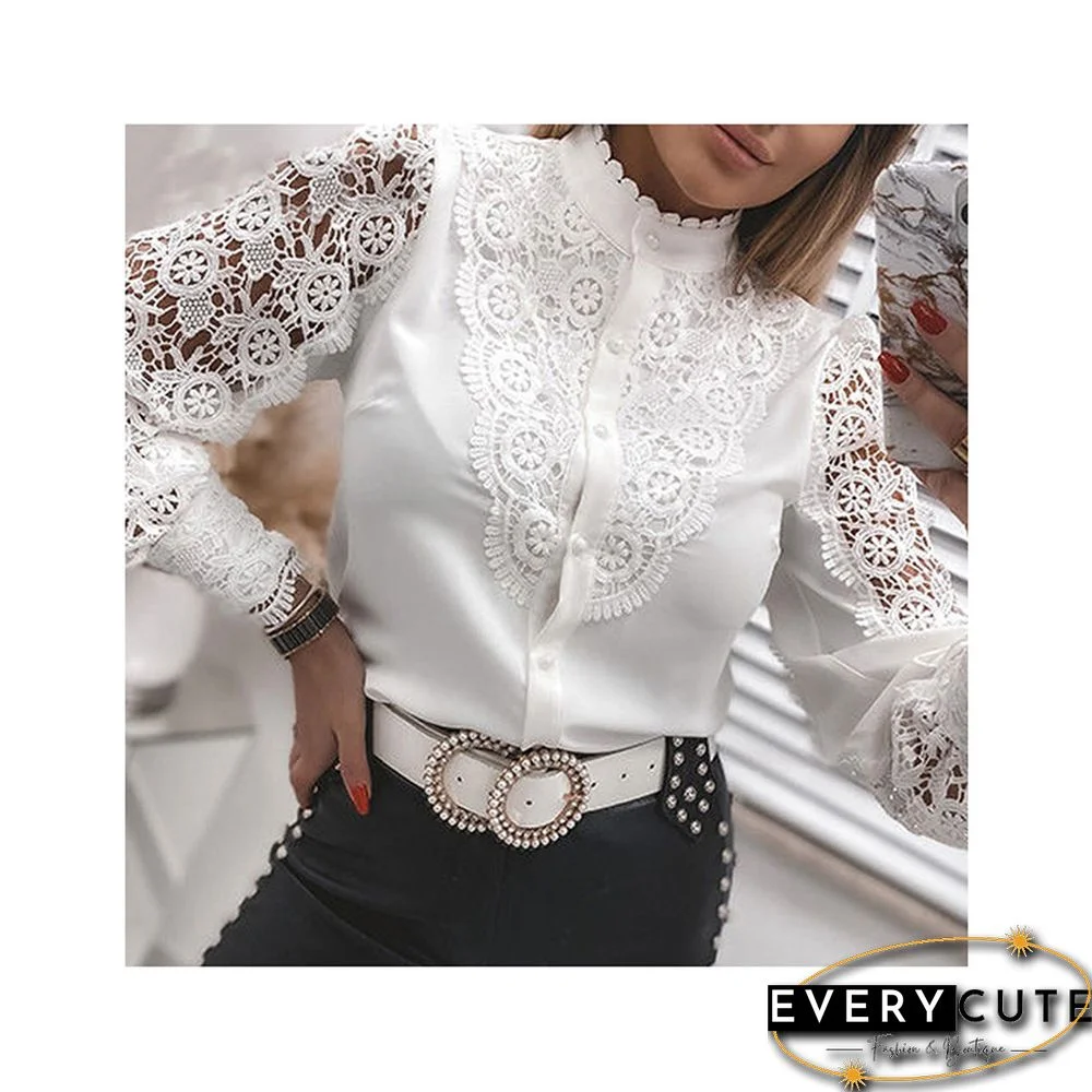 White Lace Splicing Buttoned Long Sleeve Shirt