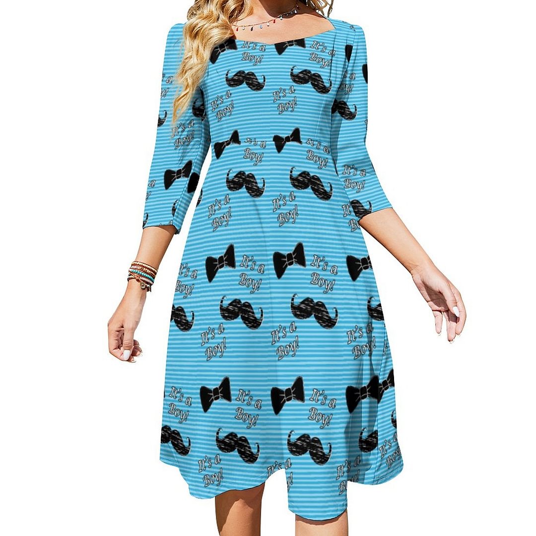 Bow Tie And Mustache Blue And White Dress Sweetheart Tie Back Flared 3/4 Sleeve Midi Dresses