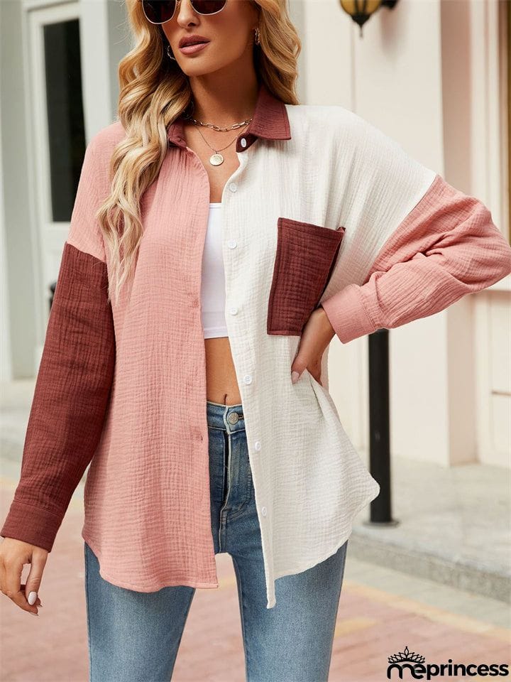 Vibrant Women's Contrast Color Lapel Long Sleeve Button Down Shirt