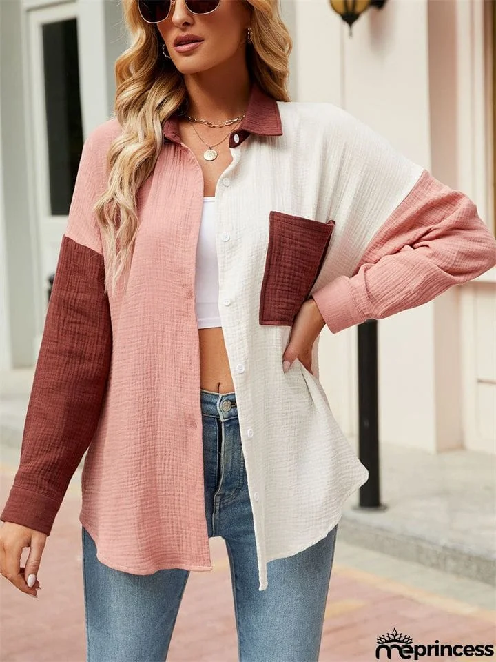 Vibrant Women's Contrast Color Lapel Long Sleeve Button Down Shirt