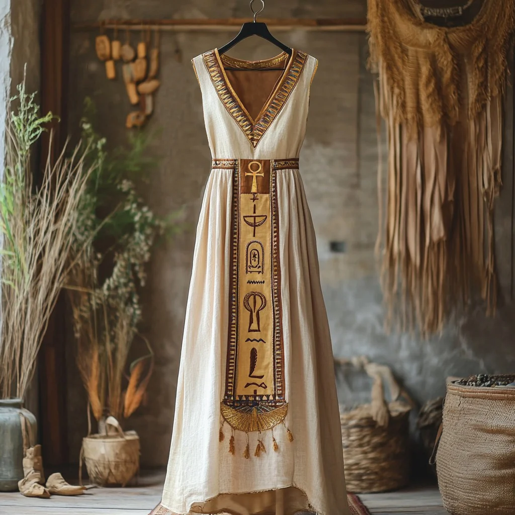 Vintage Egyptian Ankh Art Women's Linen V-neck Maxi Dress