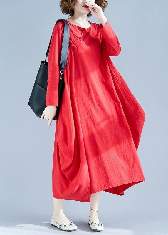 Women Red Outfit O Neck Asymmetric Robes Spring Dress
