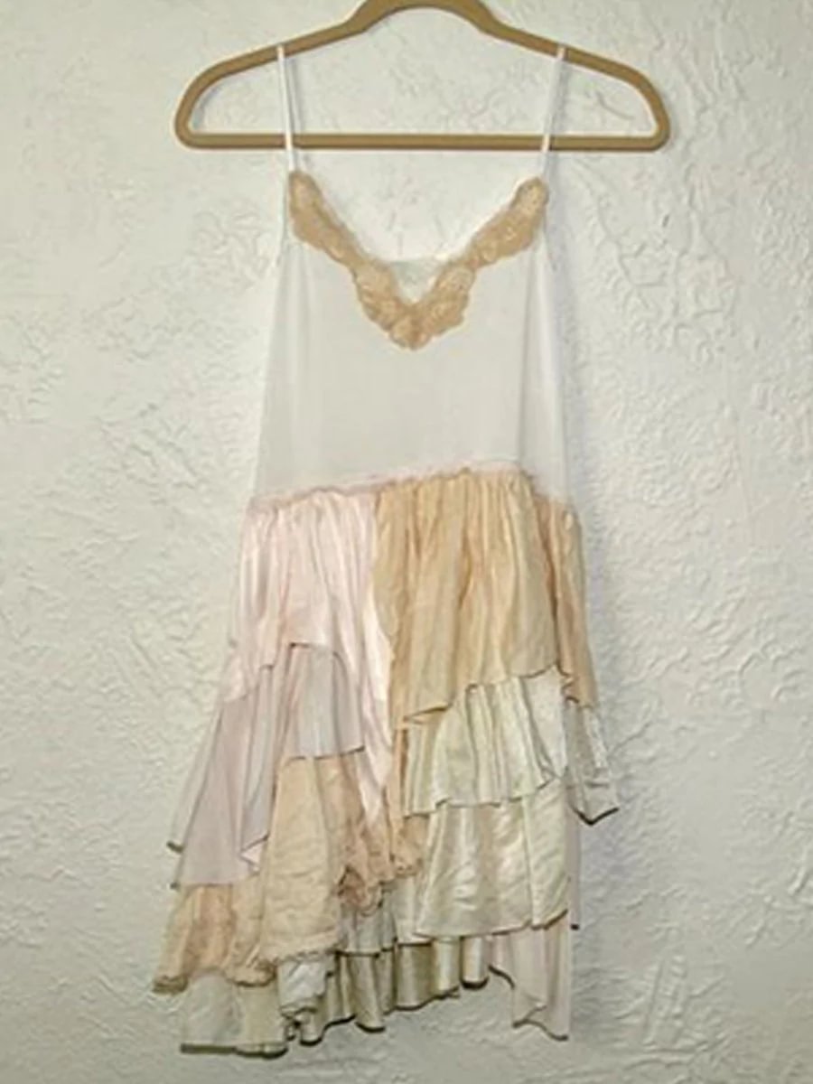 Women's Lace Stitching Layered Casual Linen Slip Dress