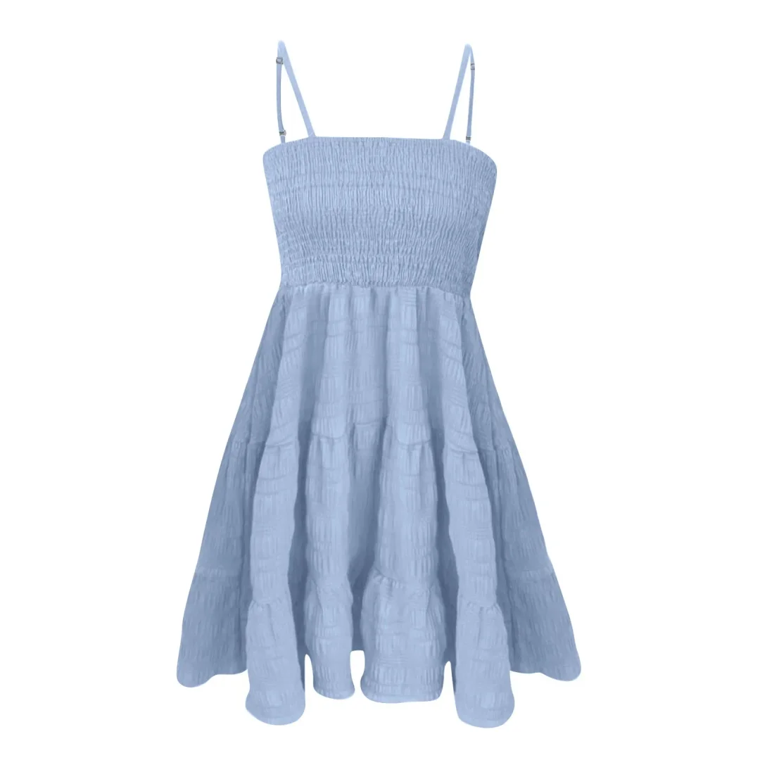Women's Bohemian Beach Style Sleeveless Backless Big Swing Solid Spaghetti Strap Ruffles Dress 