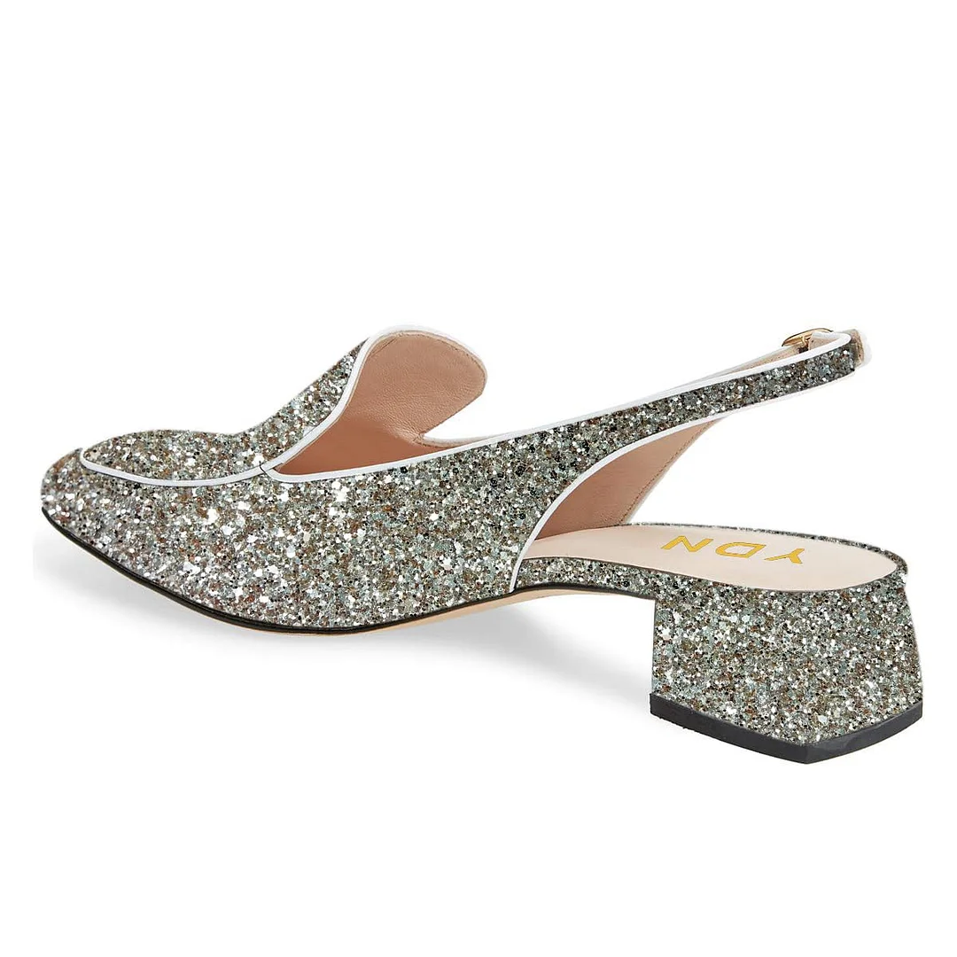 Silver Glitter Square Toe Slingback Chunky Heeled Loafers Women