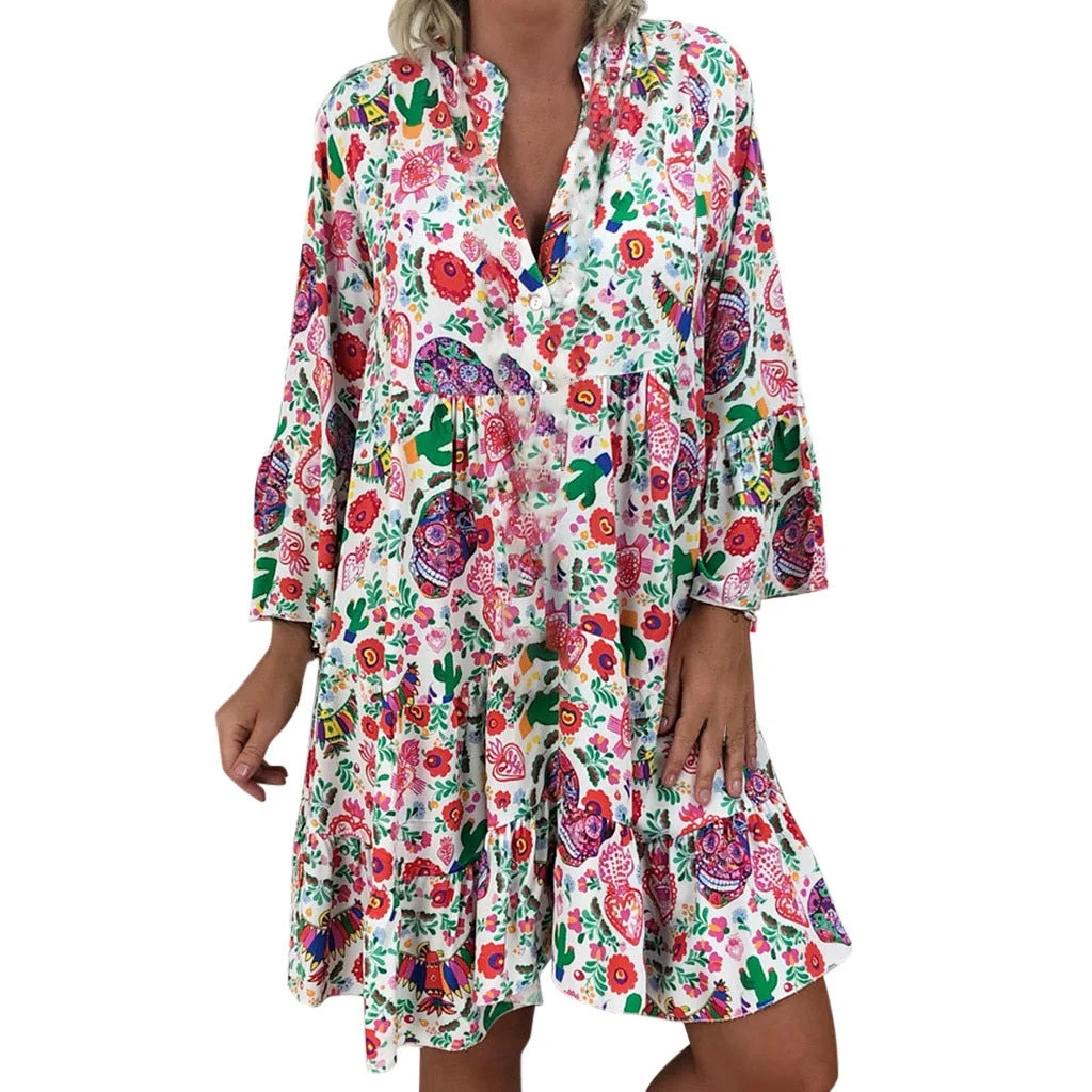 Plus Size Dress Women 5XL Loose Floral Print Long Sleeve V-Collar Button Party Mini Dresses Elegant Vestidos De Festa 2021
