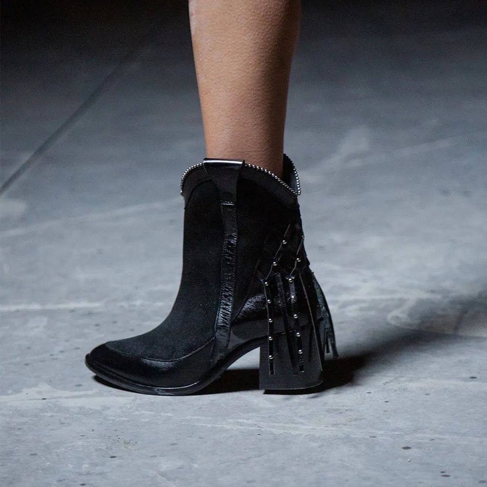 Black Studded Fringe Block Heel Zipper Ankle Western Boots for Women