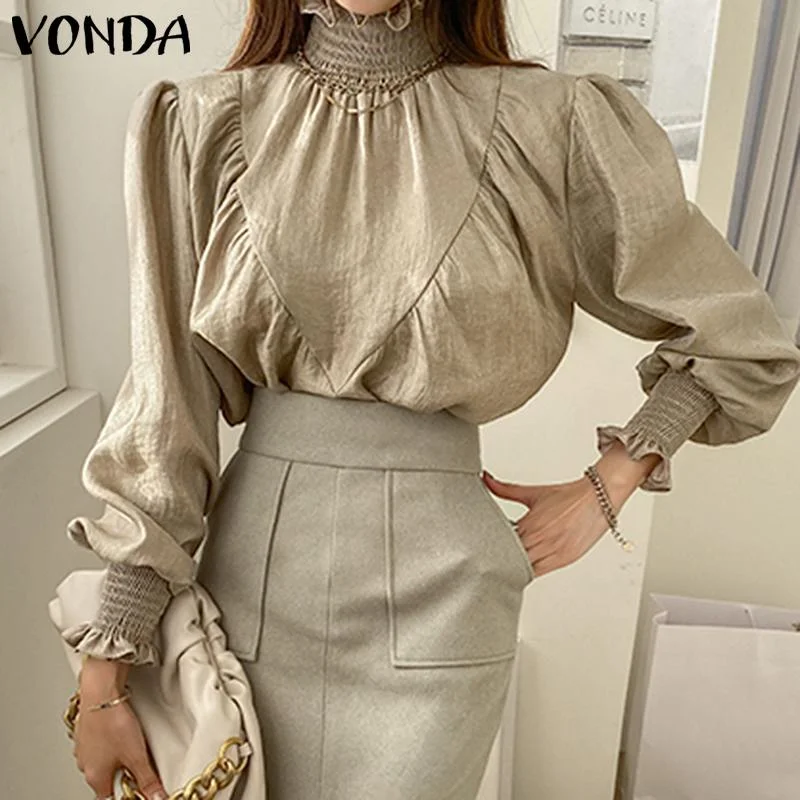 Women Elegant Turtleneck Blouse Casual Long Flare Sleeve Solid Color Tops 2022 VONDA Female Bohemian Blusas Femininas