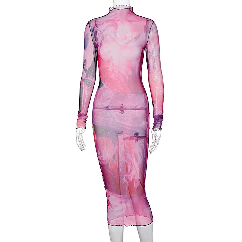 Hugcitar 2020 Long Sleeve Vintage Print Mesh See-Through Sexy Maxi Dress With Camis Autumn Winter Women Streetwear Party Wear