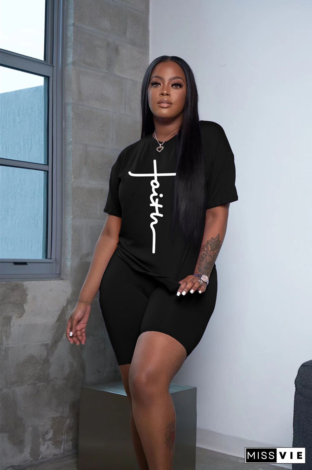 Letter Short Sleeve T Shirts and Shorts 2 Piece Outfits