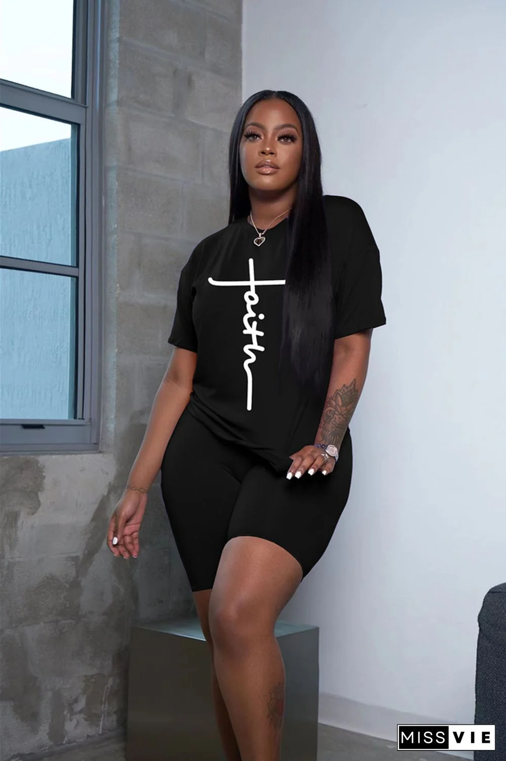 Letter Short Sleeve T Shirts and Shorts 2 Piece Outfits