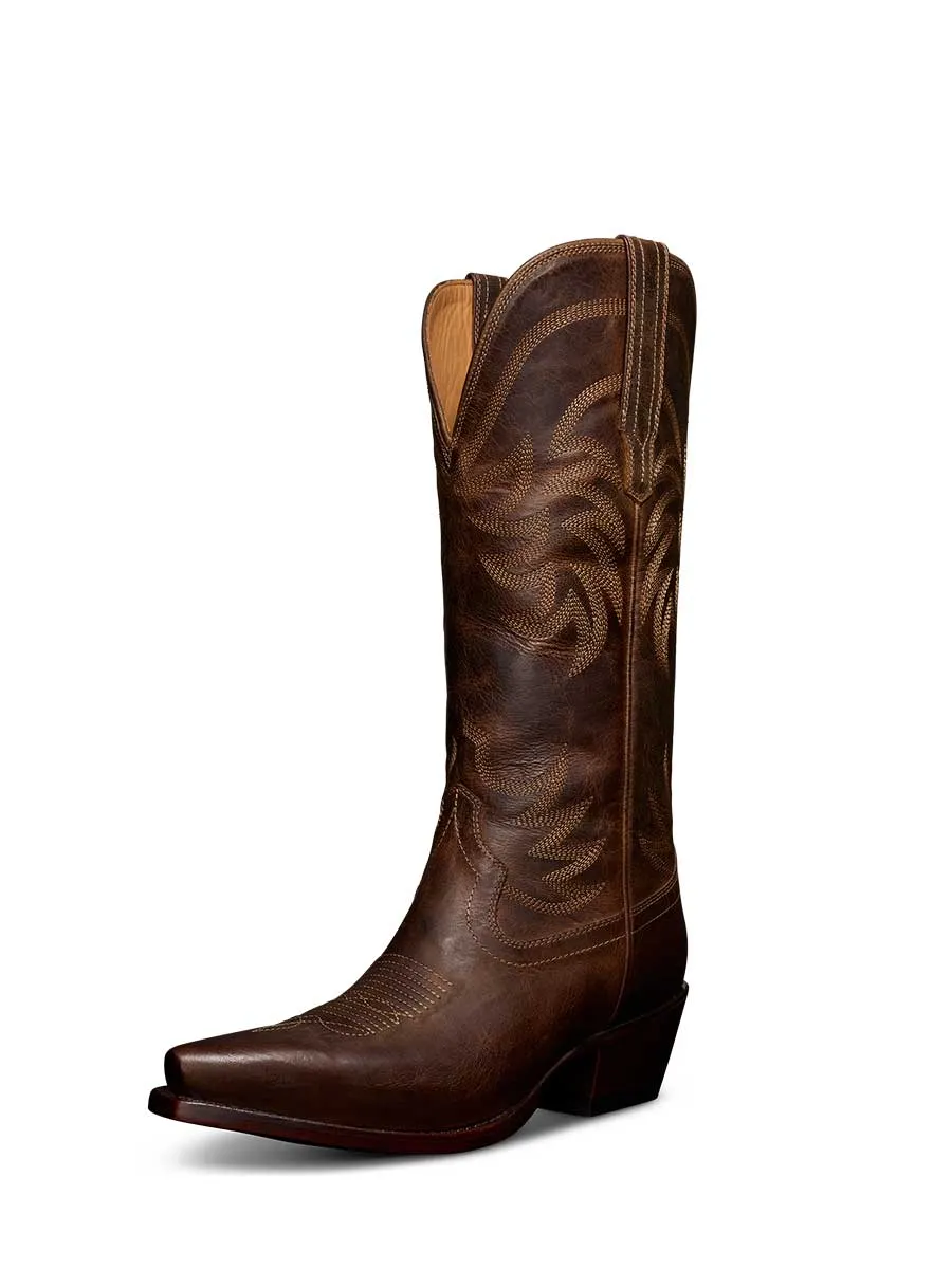 Brown Vegan Leather Snip Toe Embroidered Mid-Calf Cowgirl Boots