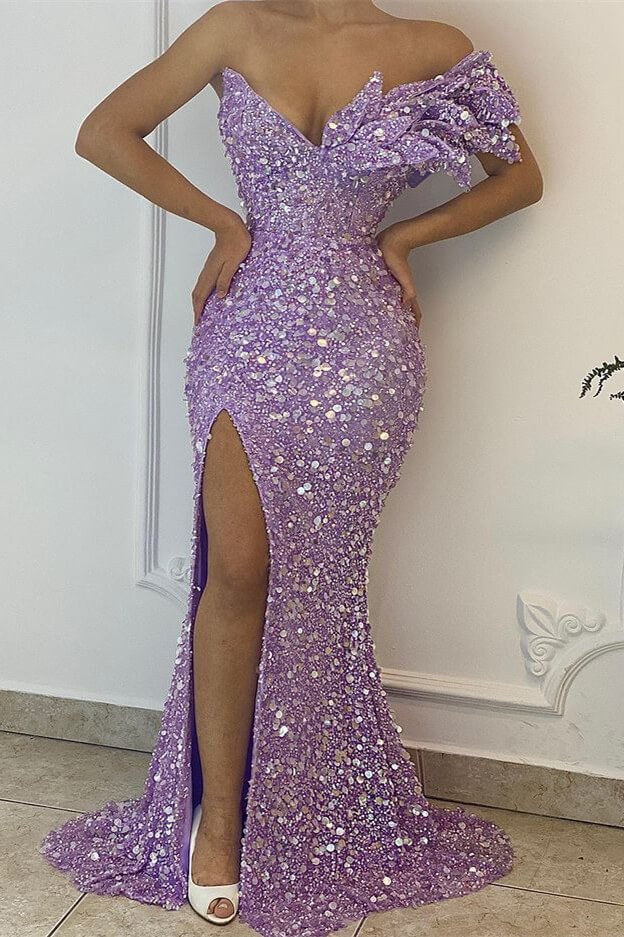 Pretty Lilac Sequins Slit Off-The-Shoulder Prom Dress Mermaid V-Neck | Ballbellas Ballbellas
