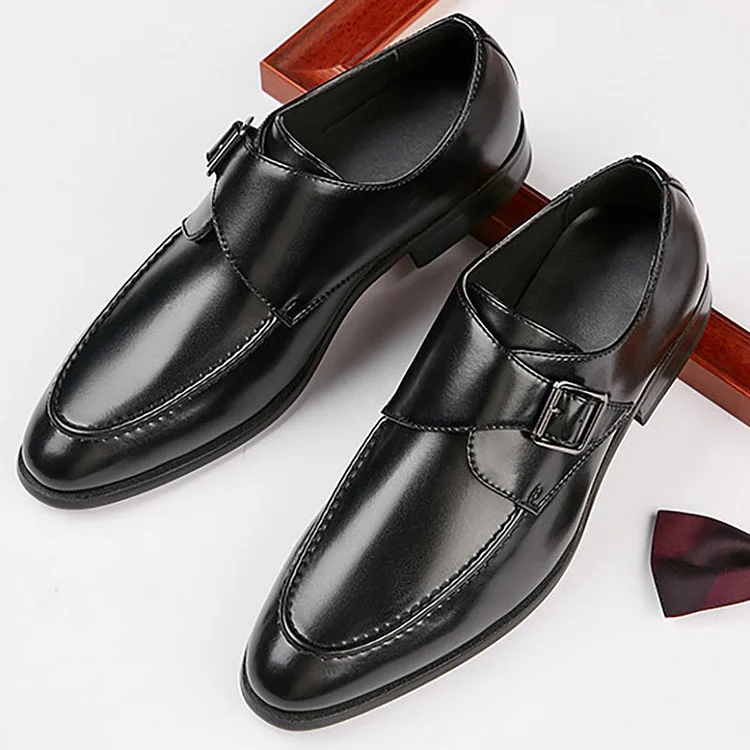 Faux Leather Buckle Pointy Toe Stitching Formal Dress Shoes