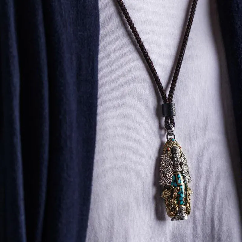 Tibetan Nine-Eye Dzi Bead Turquoise Buddha Wealth Rotation Necklace
