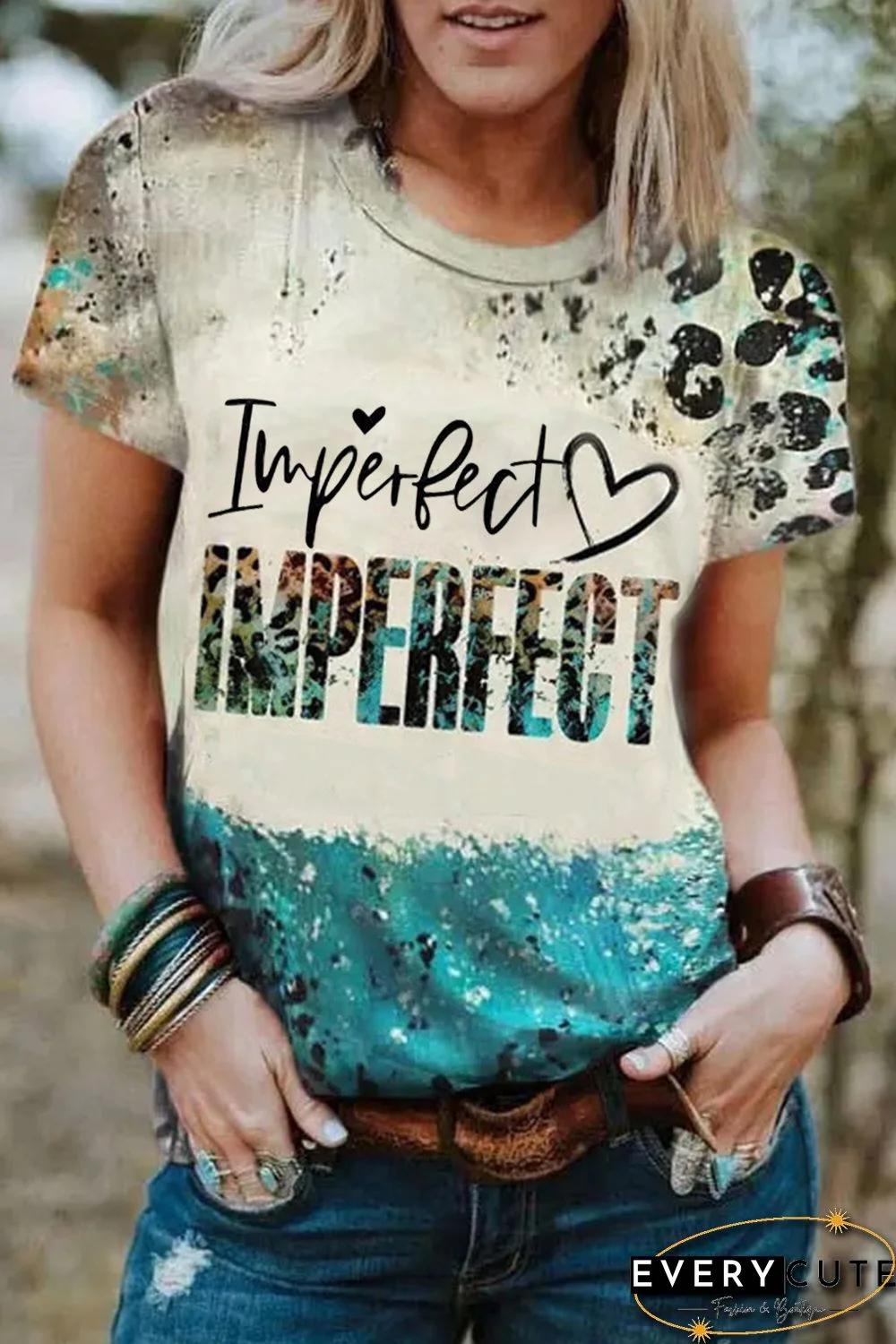 Sky Blue IMPERFECT Western Fashion Letters Graphic Tee