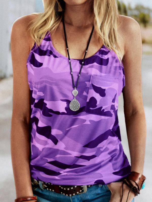 Women Casual Sleeveless Scoop Neck Camouflage Printed Tops With Pockets