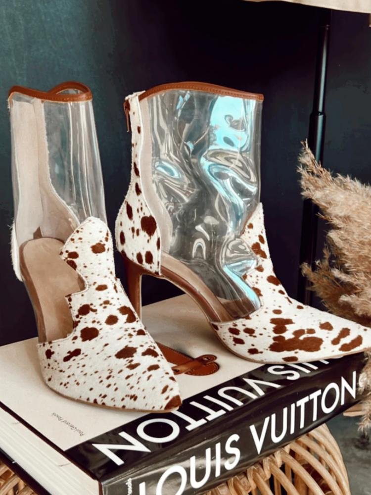 Clear Cow Print Faux Fur Back Zip Pointed Toe Stiletto Heel Western Ankle Boots