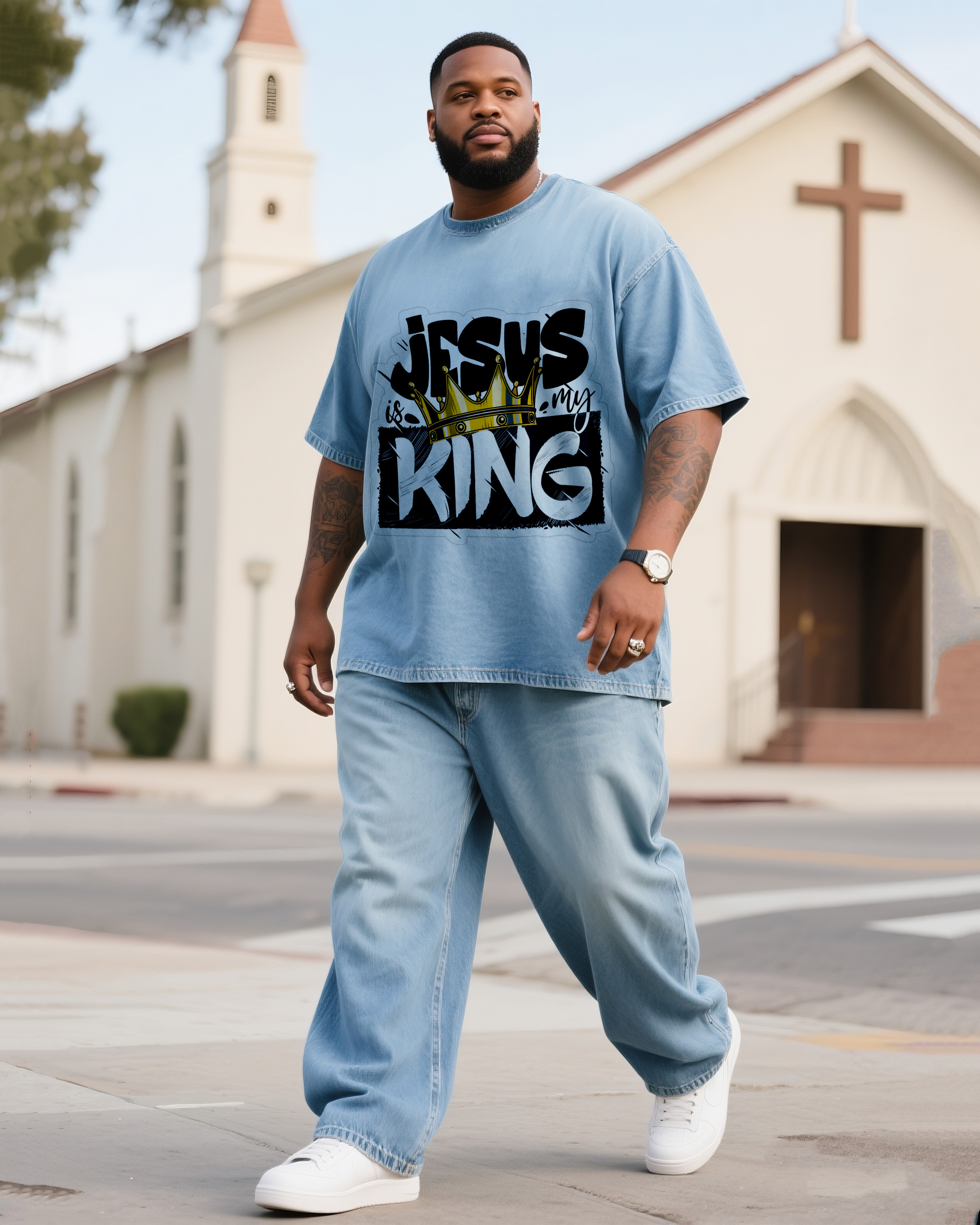 Plus Size Men JESUS KING Printed Denim T-Shirt Pants Suit