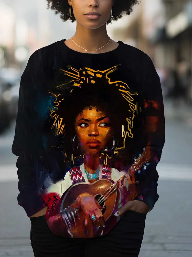 Women's Black Woman Playing Guitar Art Print Cozy Sweatshirt