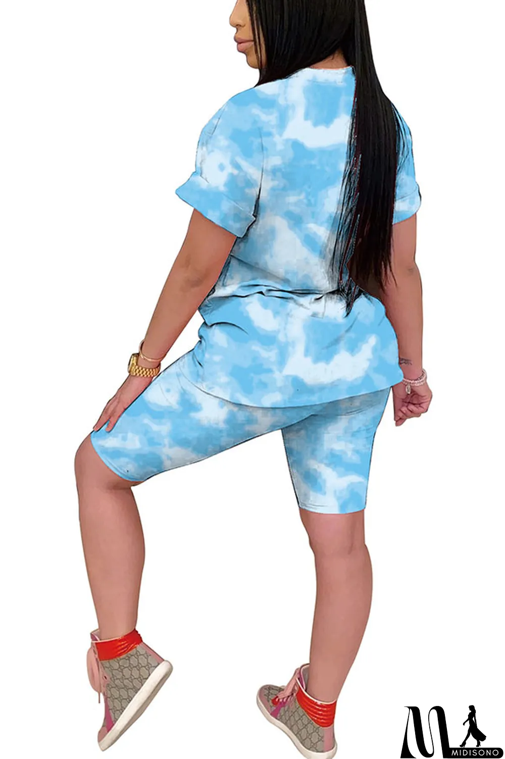 MidiSono - Light yellow Polyester Fashion Casual Print Gradient Two Piece Suits pencil Short Sleeve Two Pieces