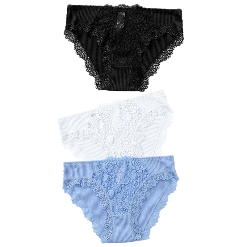 3PCS Cotton Panties Underwear Solid Women Sexy Lace Underpants Soft Briefs Set Female Intimates Plus Size Lingerie Panty XL XXL