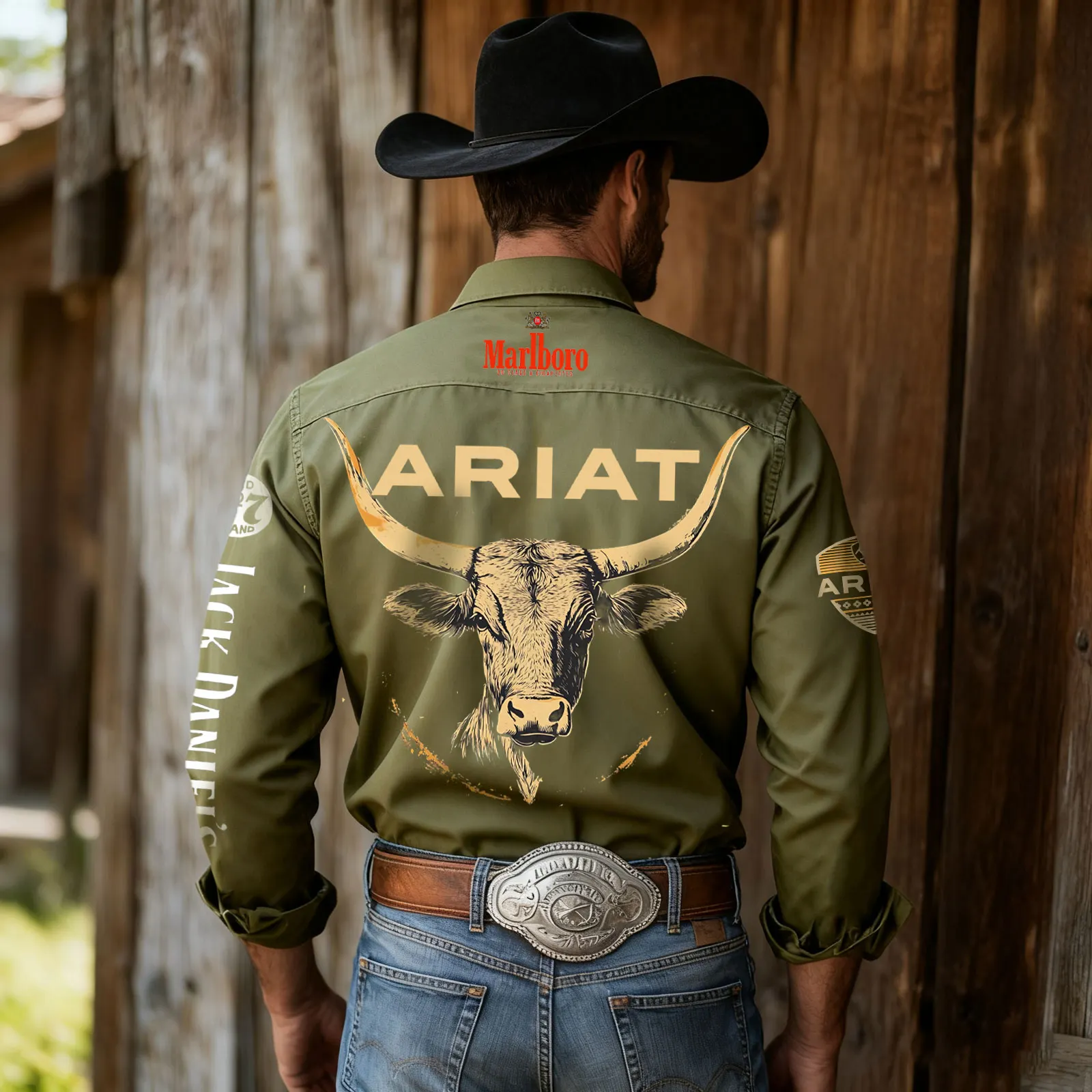 Cotton Western Shirt With Bull Print And Brand Logos For Men