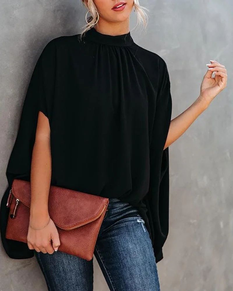 Brownm Round Neck Loose Batwing Sleeve Blouses
