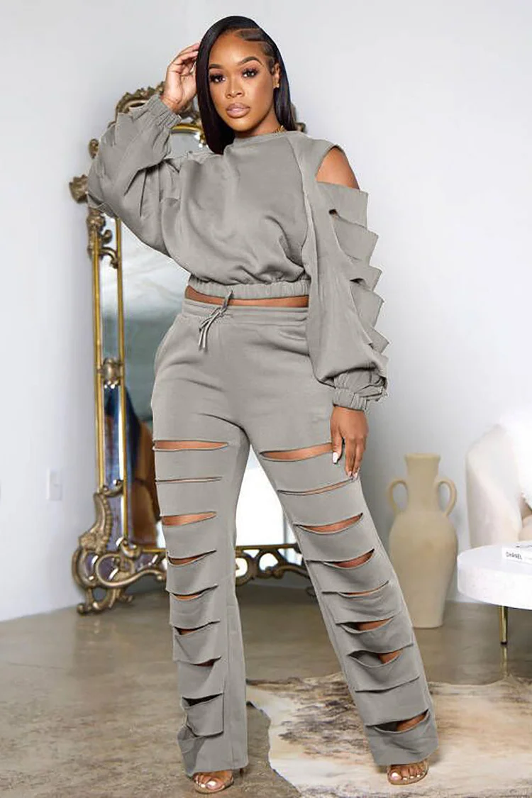 Hollow Out Long Sleeve Crop Top Two-Piece Pants Set