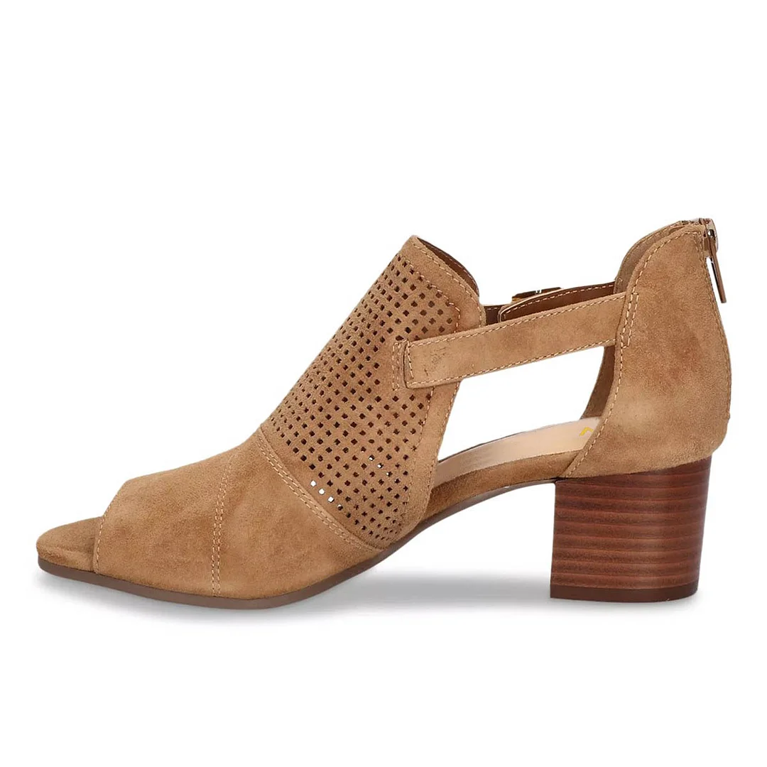 Women's Brown Perforated Cut-Out Low Heel Open Toe Booties for Summer