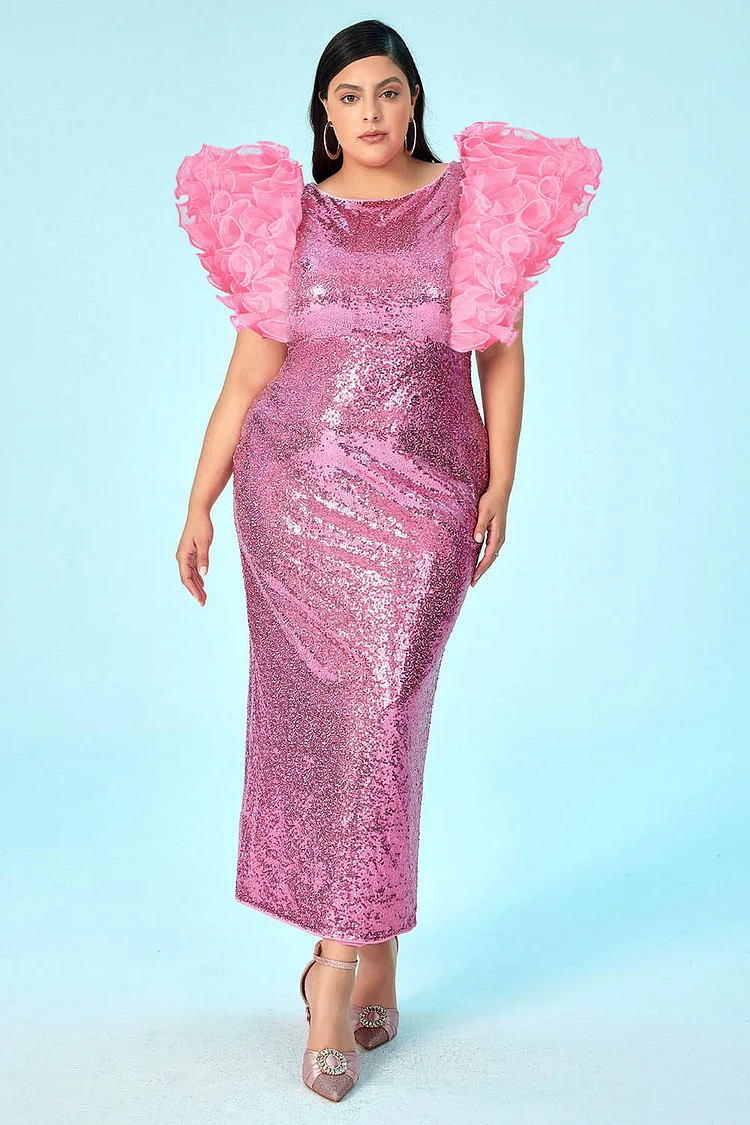 Xpluswear Design Plus Size Homecoming Dress Pink Round Neck Ruffle Sleeve Sequin Maxi Dress 