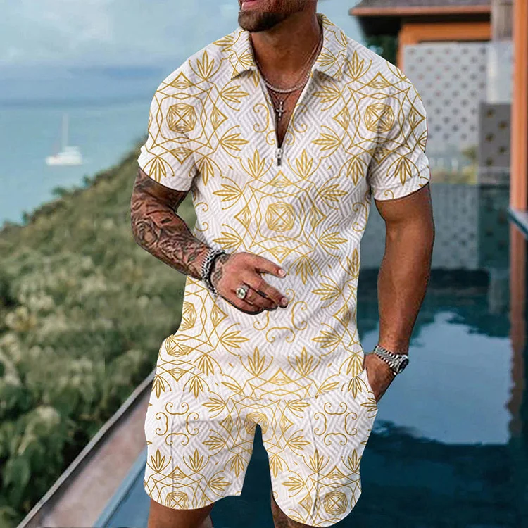 Broswear Golden Plant Texture Polo Shirt And Shorts Co-Ord