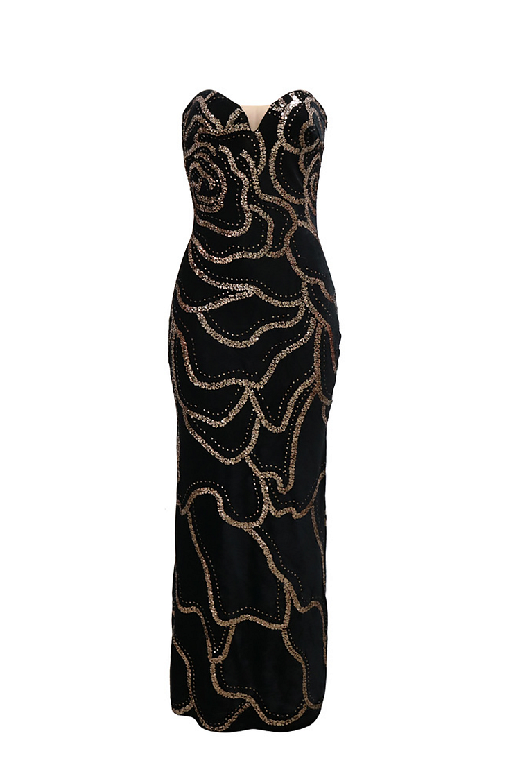 Deep V Neck Strapless Sequin Pattern Bodycon Velvet Maxi Dresses-Black
